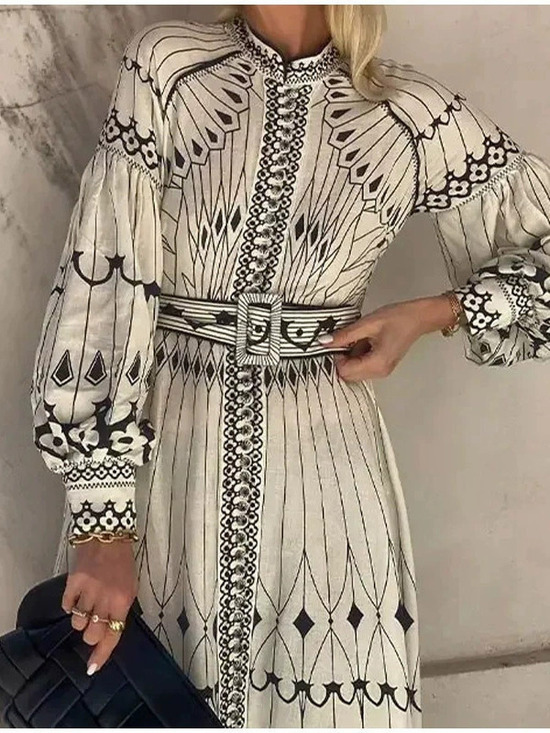 Dresses & Skirts - Elegant Palace Style Long Sleeve Floral Print Flared Spring Dress for Women